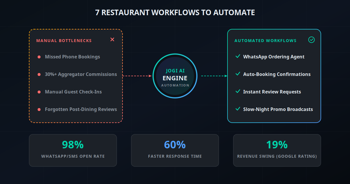 7 Restaurant Workflows You Can Automate This Week banner outlining manual bottlenecks vs automated flows