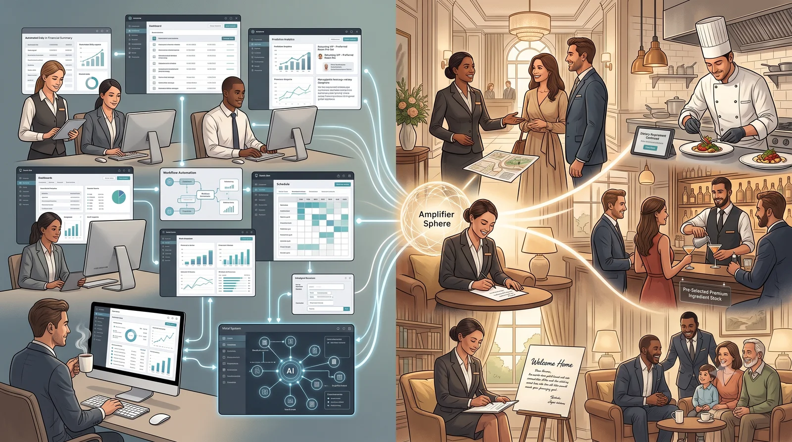 Hotel back office reporting and scheduling handled by automation on the left, staff greeting guests and plating food on the right