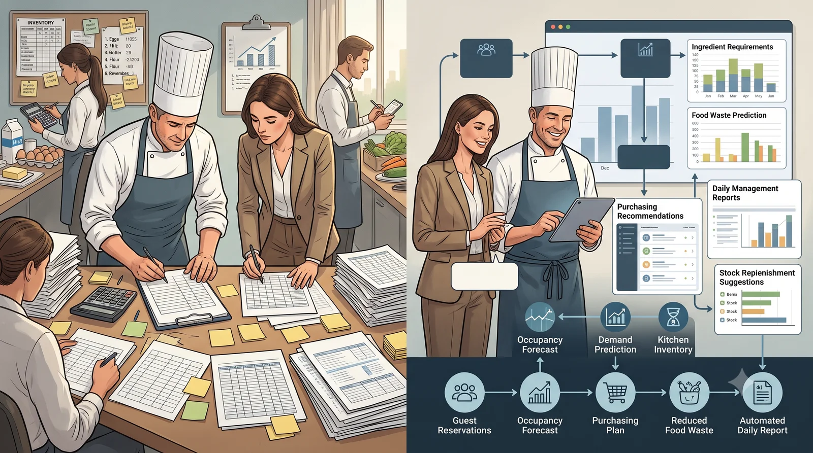 Manual hotel kitchen inventory paperwork on the left, an automated occupancy-to-purchasing forecast on the right