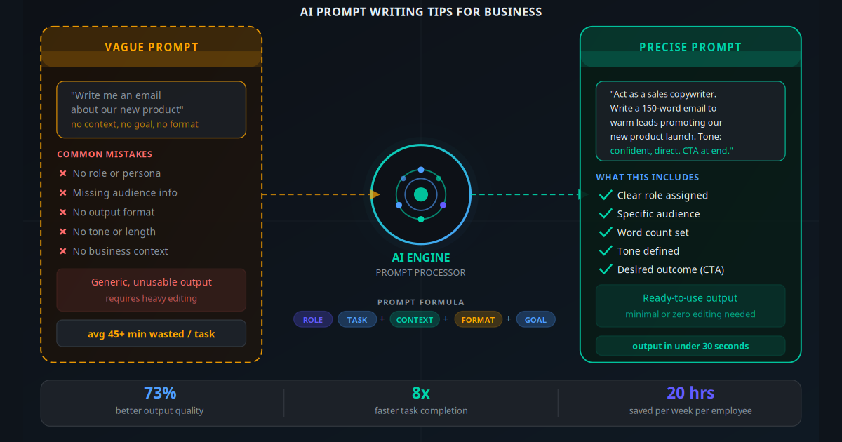 AI prompt writing tips for business — from vague input to precise, professional output with the 5-part prompt formula