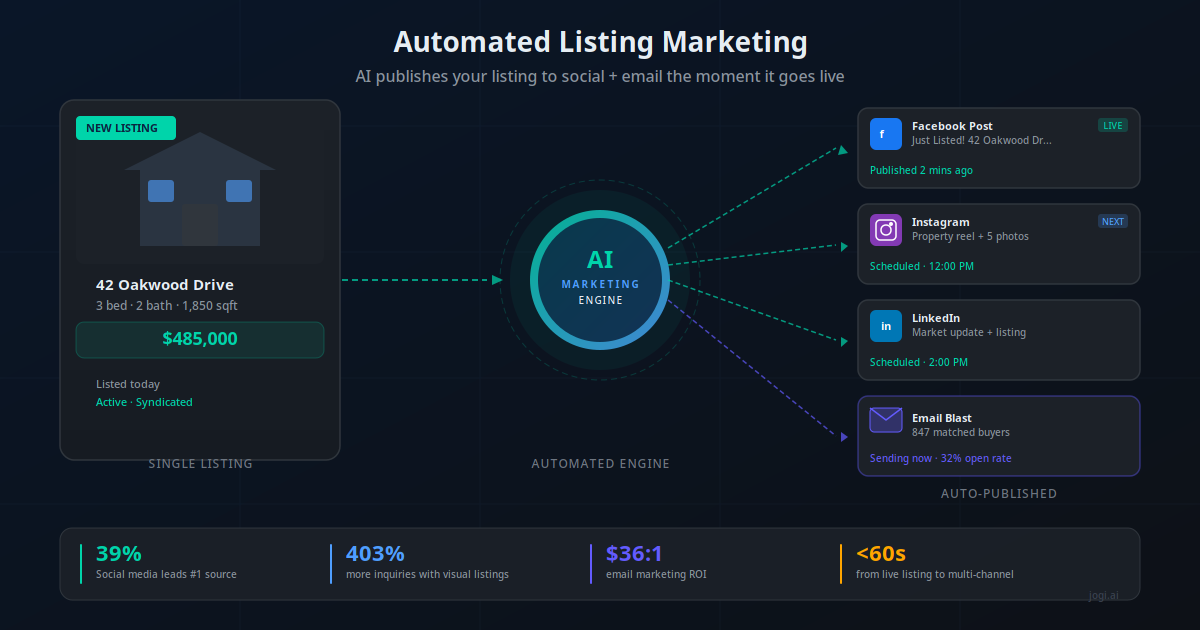AI automates real estate listing marketing — publishing to social media and emailing matched buyers automatically