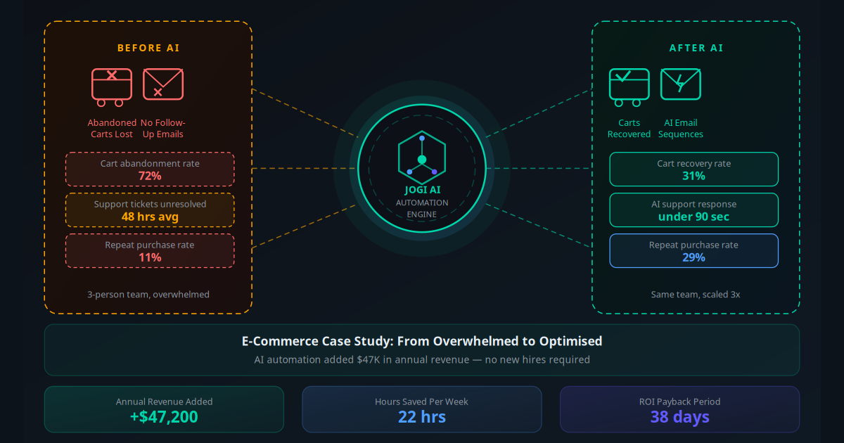 E-commerce AI automation case study β how a 3-person online store added $47K in annual revenue with AI cart recovery, automated support, and upsell sequences