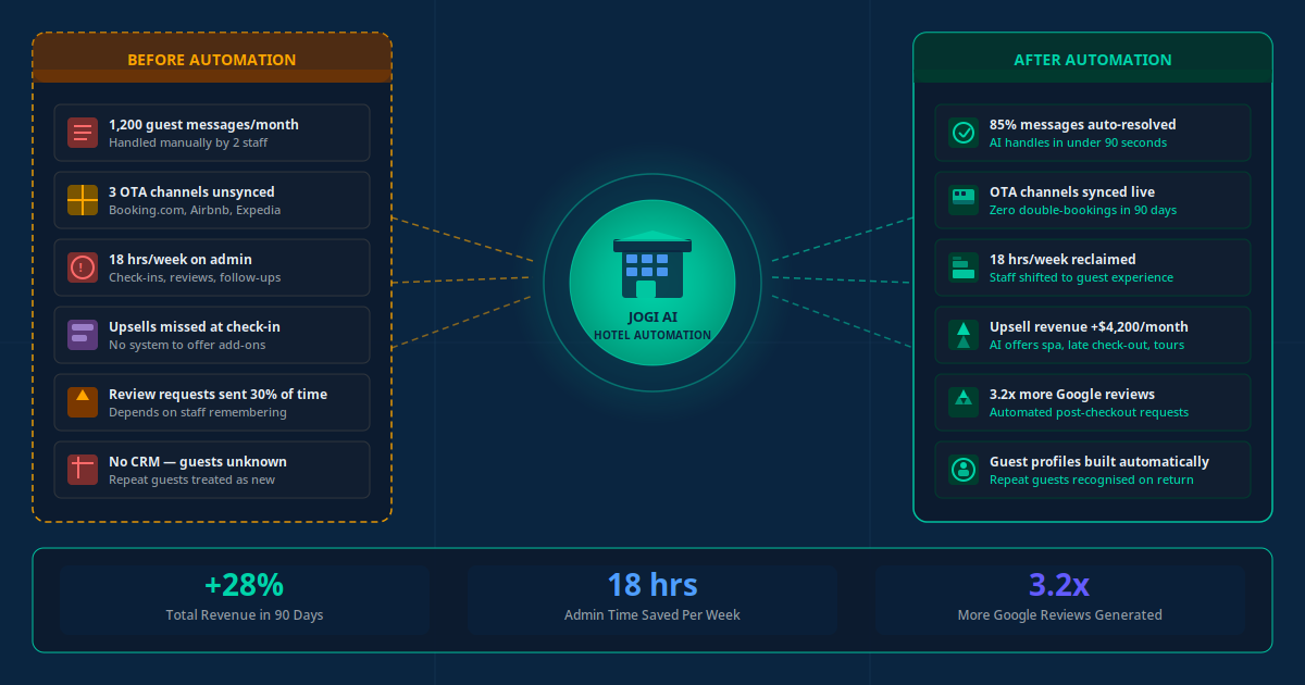 Boutique hotel AI automation case study — before and after showing 28% revenue growth, 18 hours saved per week, and 3.2x more Google reviews