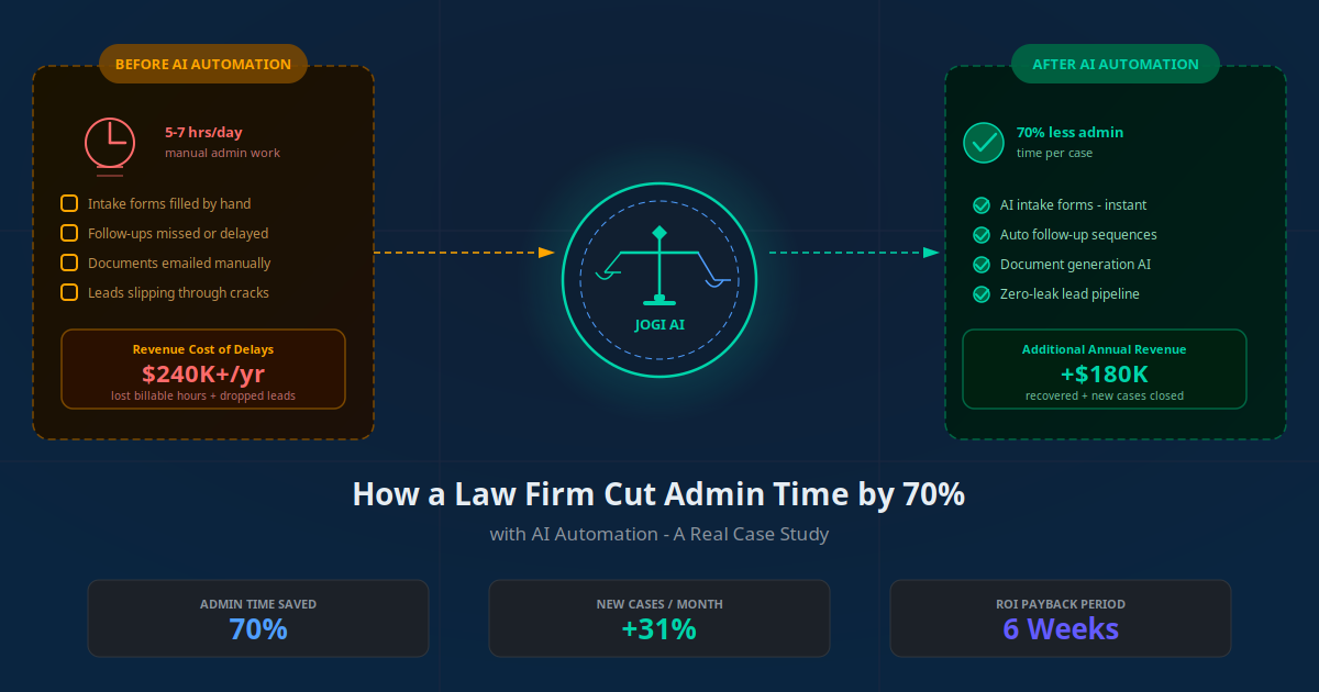 Law firm AI automation case study — before and after showing 70% admin reduction and $180K revenue gain