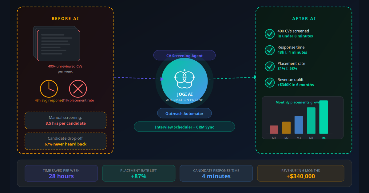 Recruitment agency AI automation case study — before and after results: placement rate doubled, 400 CVs in 8 minutes, $340K revenue added