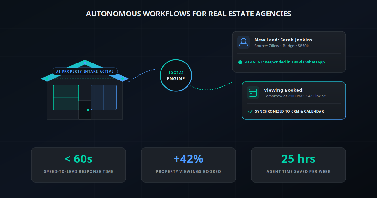Modern property with overlaid AI and CRM dashboard panels illustrating real estate autonomous workflows