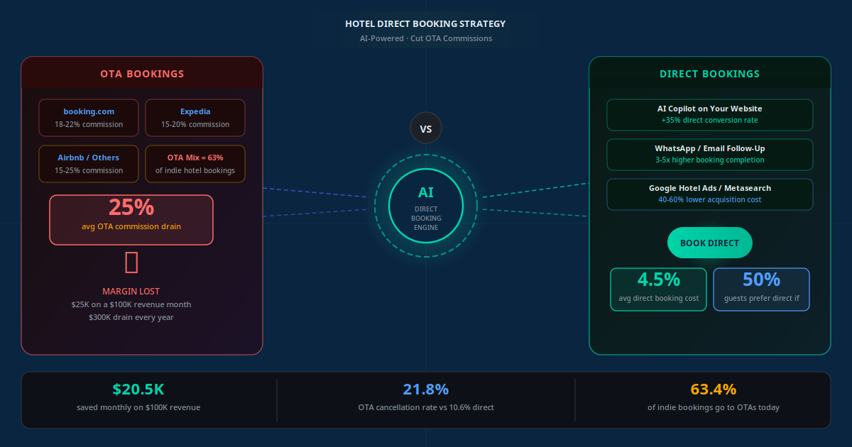 AI-powered hotel direct booking strategy showing OTA commission costs versus direct booking savings with AI tools