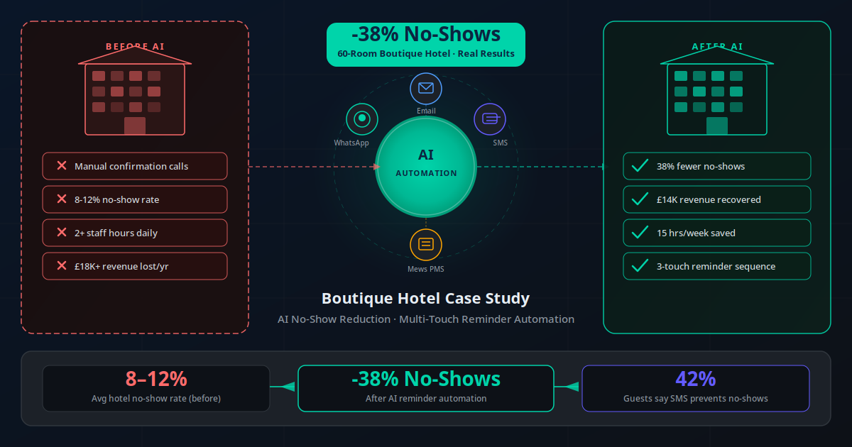 Hotel no-show reduction case study — AI-powered multi-touch reminder sequence cuts no-shows by 38%