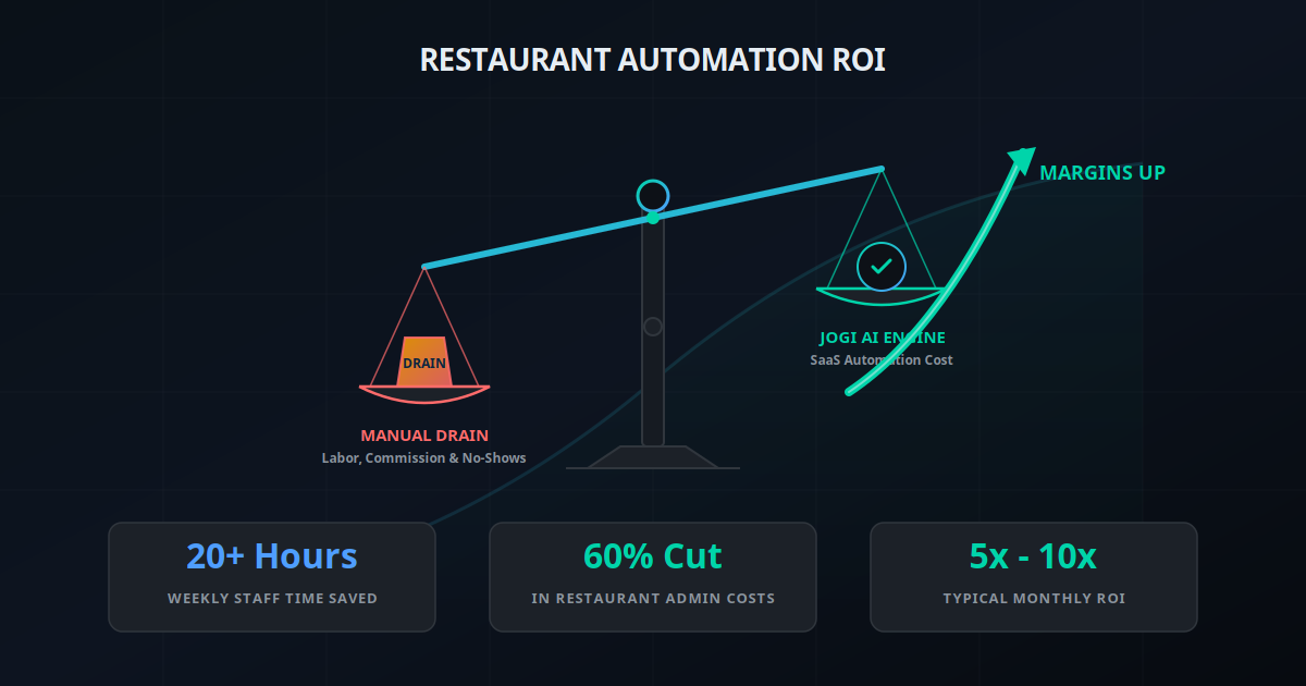 Restaurant autonomous workflow ROI diagram weighing manual costs like labor, missed calls and aggregator commissions against the Jogi AI Engine