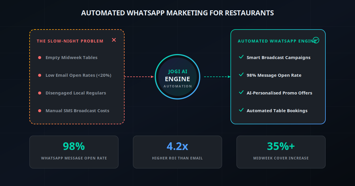 Restaurant WhatsApp marketing dashboard mockup displaying slow-night promo campaign metrics, empty vs filled tables, and high WhatsApp open rates