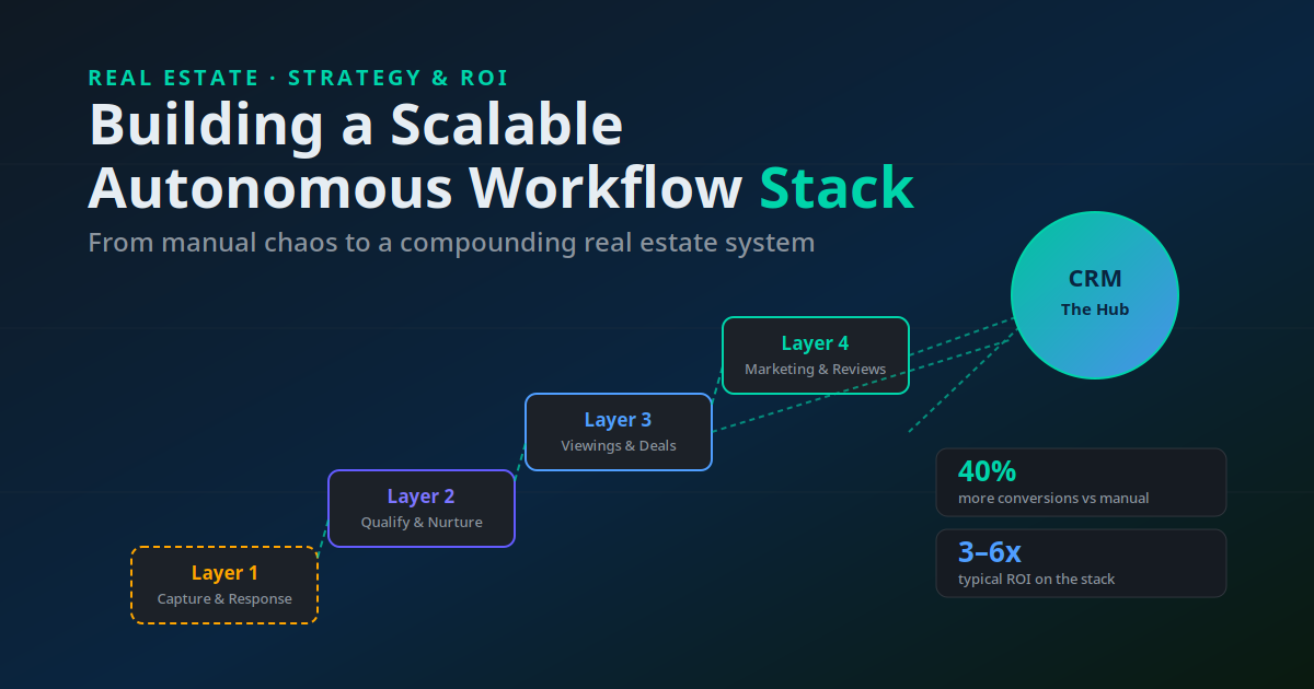 A layered real estate AI workflow stack climbing from manual lead capture to fully automated marketing, all connected to a central CRM hub